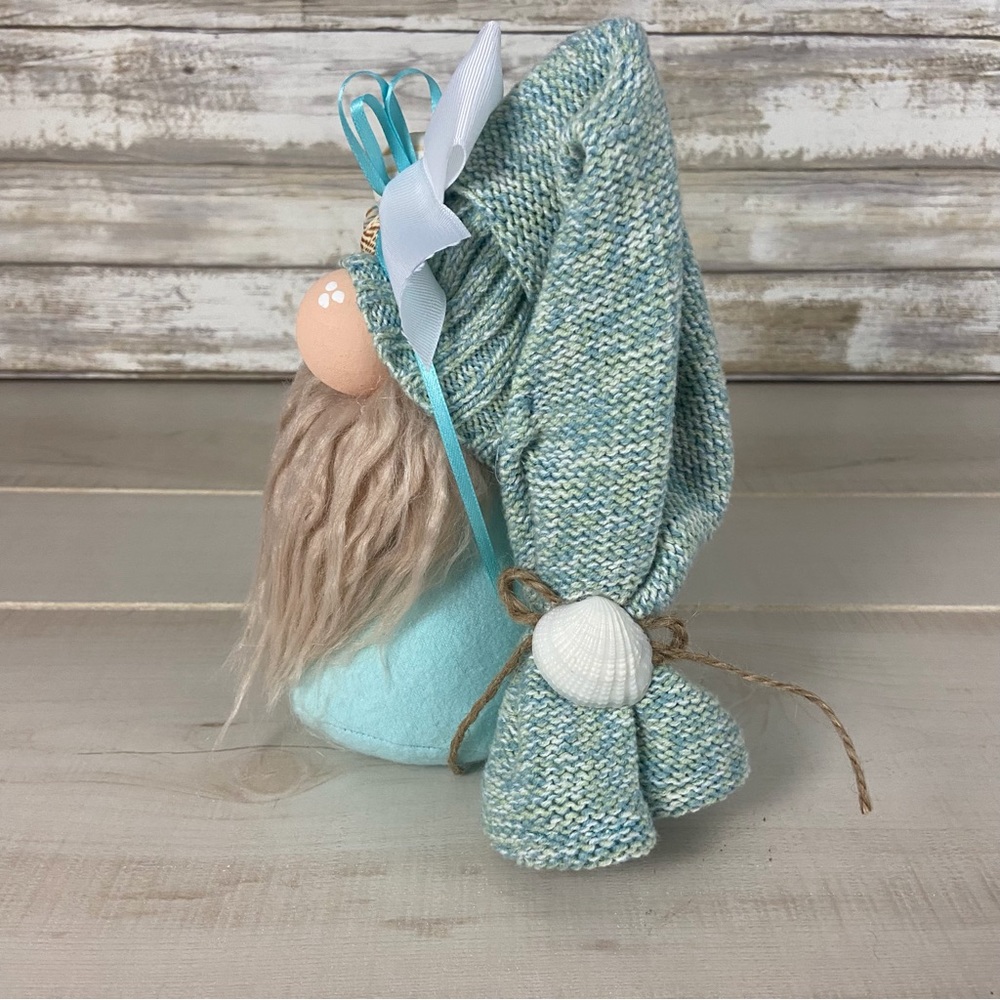 Gnome Beach Theme Aqua Flannel Sea Shells Coastal Home Decor Faux Fur Bows - Picture 9 of 11
